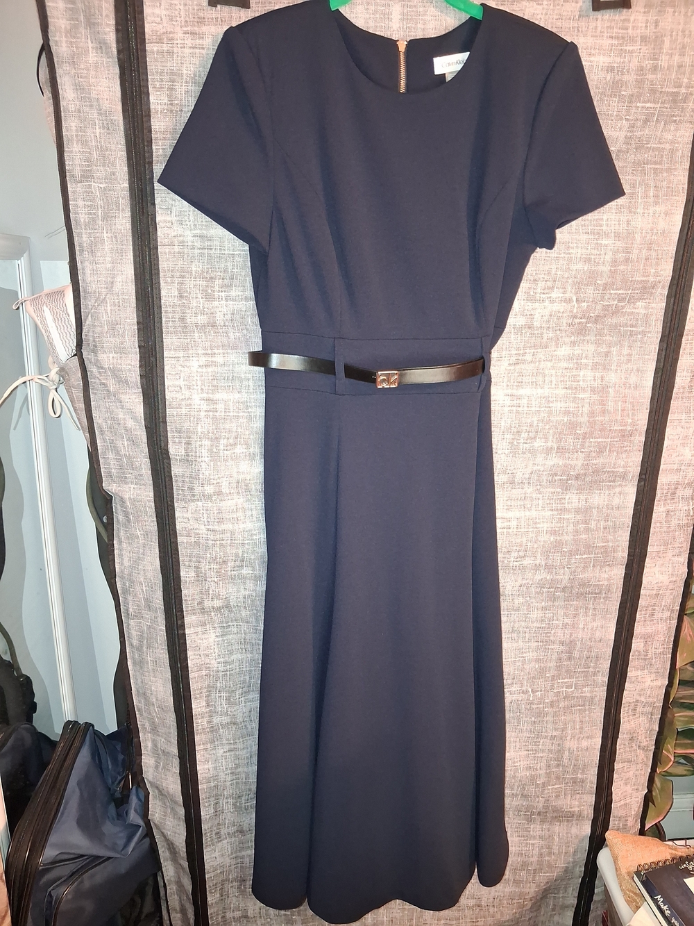 Calvin Klein Navy Short-Sleeve Belted Midi Dress